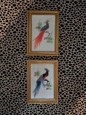 Vintage Pair Of Original Real Bird Feathers Paintings! Eclectic!